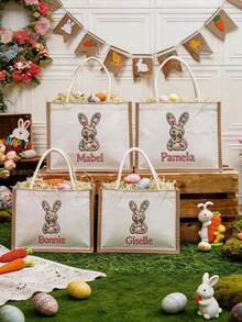 Customized Faux Embroidery Easter Tote Bag, Personalized Easter Basket Tote Bag, Floral Bunny Easter Gift, Letter Print Tote Bag, Linen Bag - Style 19 - View 6