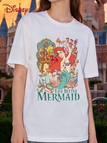 Disney Flounder Printed Loose Round Neck Short Sleeve T-Shirt For Women - trắng - Xem 2