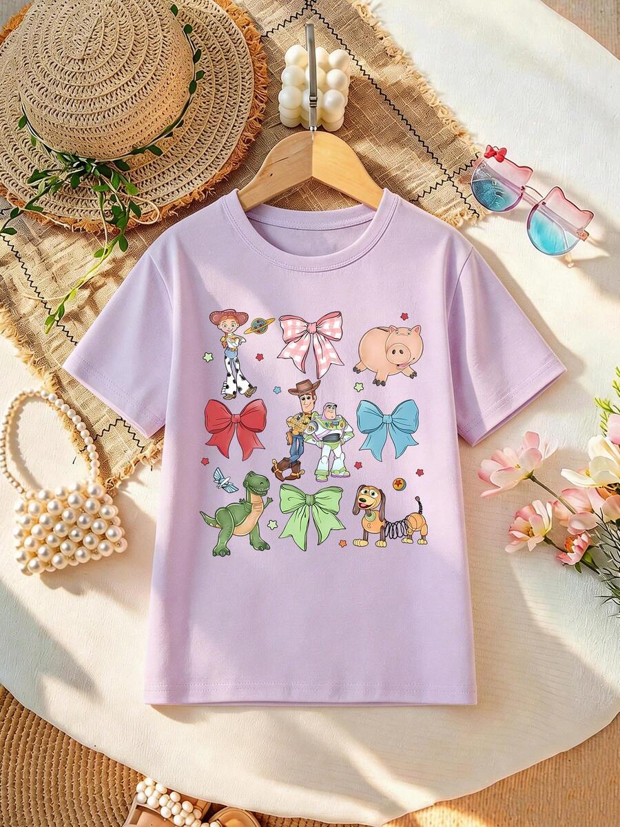 Disney Girls' T-Shirt, Featuring The Creative Toy Story Cartoon Pattern Print. Spring/Summer Style Round-Neck Children's T-Shirt. The Fabric Is Soft, Comfortable And Breathable, Suitable For Daily Wear, Traveling, Going To School, Shopping And Playing. It Is An Essential Disney Children's Clothing Gift. - 淡紫色 - 查看 1