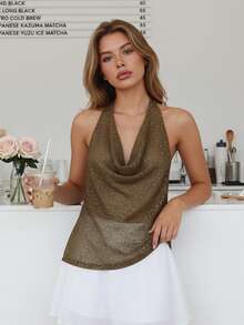 Womens Rhinestone Halter Tank Tops Summer Fashionable Solid Color Cowl Neck Backless Vest - Brown - View 4