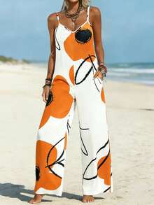 女士大码连体裤，大码女士碎花无袖连体裤，休闲度假及日常穿着，春夏款，女士度假装扮 - 黃色 - 查看 3