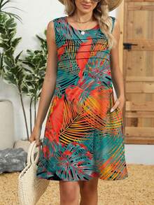 Women's Bohemian Style Sleeveless Round Neck Tropical Leaf Print A-Line Mini Dress, Beach Vacation Summer Camisole Dress - Orange - View 5