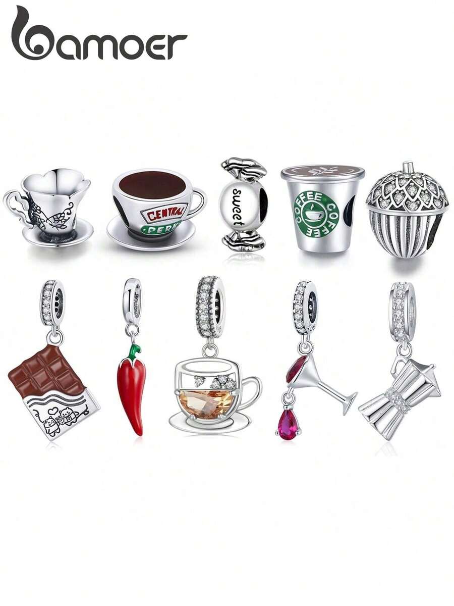 bamoer 1pc 925 Sterling Silver Coffee Cup Pendant, Chocolate Cup Pepper Bead Enamel Sugar Pendant, Compatible With Original Bracelet & Necklace Jewelry