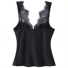 Women's Elegant Spaghetti Strap Sexy Contrast Lace Sleeveless Tank Top, Fashionable Fitted Retro Tank Top, 2026 New Women's Street Wear Casual - Black - View 8