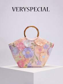 1 件花卉刺绣图案网眼手提包，复古竹柄沙滩包，大容量暑假海滩旅行休闲使用（花卉图案随机发送） - 彩色 - 查看 1