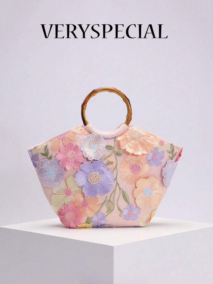 1 件花卉刺绣图案网眼手提包，复古竹柄沙滩包，大容量暑假海滩旅行休闲使用（花卉图案随机发送） - 彩色 - 查看 1