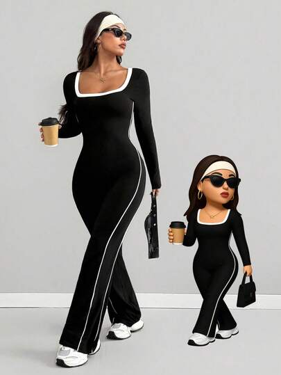 Mono de mujer de talla grande AITYI Studio, de ajuste perfecto, de cuello cuadrado, casual y diario, de moda sexy y cómodo, de corte slim, para estilo callejero y al aire libre, estilo Y2K, para graduación, vuelta al colegio, Año Nuevo, San Valentín, Carnaval, primavera y otoño, de manga larga y punto