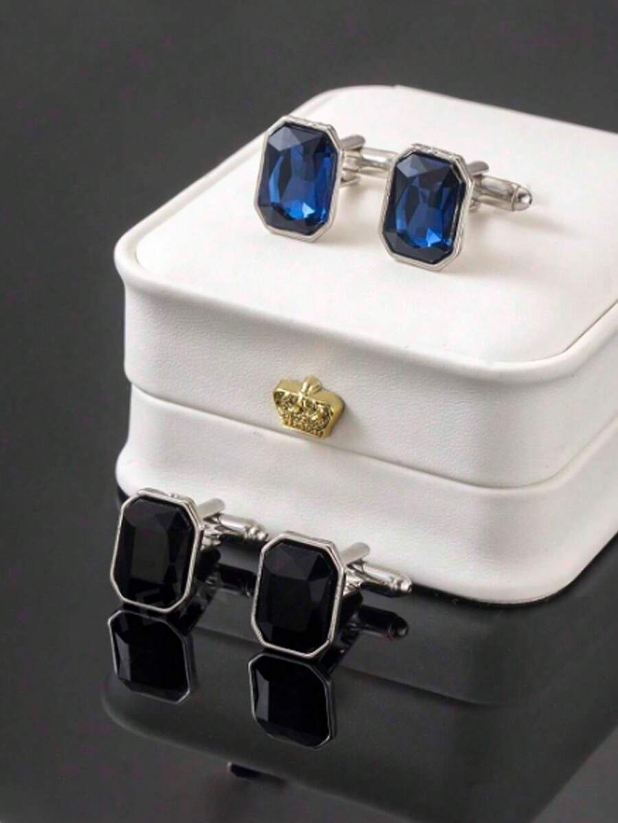 2pcs Fashionable Creative Rhinestone Cufflinks, Casual Business Style Daily & Party Suit Shirt Cufflinks - Silver - View 1