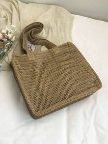 Straw Fashion Tote Bag, Women's Shoulder Bag, Large Capacity, Beach Bag, Letter Woven Oversized Bag - Khaki - View 2