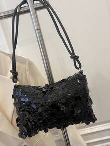 Fashionable Glitter Rectangular Women's Handbag, New Personalized Versatile Zipper Crossbody Bag, Niche Design Chain Evening Bag, Suitable For Dates, Galas, Parties, Gifts - Black - View 2