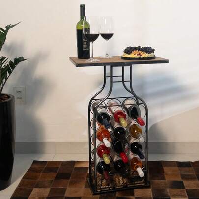 Adega decorativa, suporte de garrafas de vinho com mesa, porta-rolas em formato de garrafa