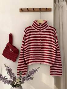 Women's Colorful Striped Contrast Patchwork Knitted Wool Sweater Top, Fashionable For Autumn/Winter - Multicolor - View 1
