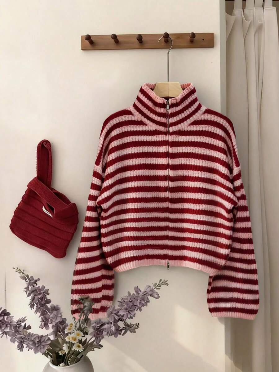 Women's Colorful Striped Contrast Patchwork Knitted Wool Sweater Top, Fashionable For Autumn/Winter - Multicolor - View 1