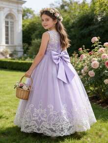 紫色蕾丝长款花童礼服，女孩婚礼伴娘生日派对节日正式礼服，公主舞会礼服，毕业典礼，复活节 - 淡紫色 - 查看 3