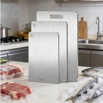 1 Thớt thép không gỉ, Thớt nhà bếp, Thớt thái tốt nhất, An toàn với máy rửa chén, Hợp vệ sinh và Bền bỉ cho thịt, trái cây và rau củ (Có một vài vết xước nhỏ, điều này là bình thường).