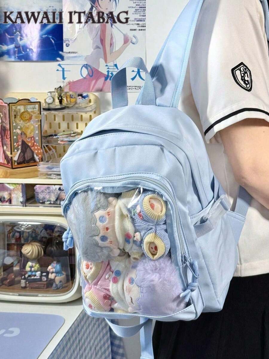 女士小背包 可爱透明包 大学生迷你背包 DIY 带徽章展示板背包 学院风新款尼龙痛包 返校礼物/动漫/演唱会粉丝背包 女孩 - 淺藍色 - 查看 1