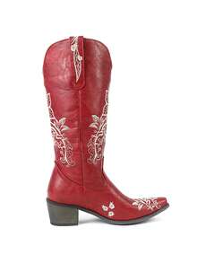 Knee High Cowboy Boots For Women Wide Calf Pointed Toe Classic Chunky Heeled Vintage Embroidered Cowgirl Boot Retro Slip On Party Shoes Wedding Dressy Holiday Outdoor Riding Country Concert Rodeo Easter Gifts Spring Festival Womens Western Summer Booties Purplish Red Boots - 紫紅色 - 查看 8