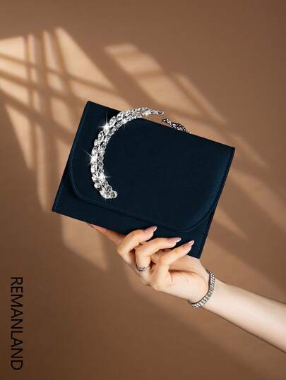 REMANLAND Elegant Solid Color Rhinestone Plush Women's Evening Bag, Magnetic Closure, Fashionable Clutch Purse, Suitable For Women's Birthday Party, Charming Cocktail Party Shoulder Bag