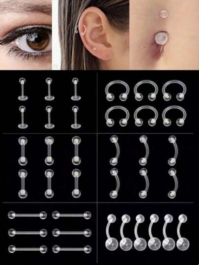 Bộ 36 khuyên xỏ trong suốt cỡ 14G/16G, làm từ chất liệu nhựa sinh học, bao gồm khuyên mũi, khuyên rốn, khuyên vách ngăn mũi, khuyên lông mày, khuyên môi, khuyên sụn tai, thích hợp để đeo trong môi trường làm việc và học tập.