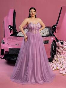 Faeriesty Elegante vestido de gala sin tirantes con falda de tul voluminosa y con volantes en capas y cola de barrido - Diseño sofisticado y lujoso para cenas formales de noche, atuendo de invitada de boda, retratos nupciales, eventos de alfombra roja, ocasiones de gala de lujo y fiestas de primavera - Púrpura malva - Ver 5