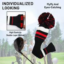 FINGER TEN Pom Golf Head Covers 1 Pack For Driver Fairway Hybrid, Stylish Colors Options Pom Stripes Pattern With Long Neck Design & Interchangeable Number Tag For Easy To Identify - Red - View 4