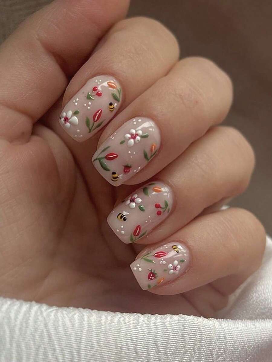 24片长方形美甲贴纸，清新甜美光泽，饰有可爱花朵、蜜蜂和樱桃图案。色彩缤纷的花卉设计，甜美美甲，长方形美甲装饰，亚克力美甲装饰。适合女士派对、婚礼、日常佩戴、摄影等场合。增添魅力！ - 彩色 - 查看 1