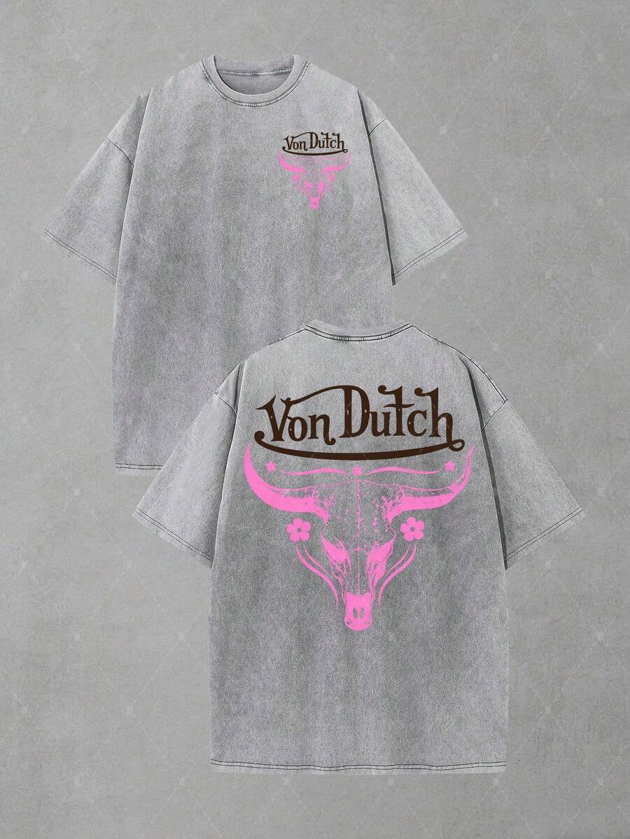 Van Dutch Eagle Skull Badge Graphic Men's Vintage Washed Oversized Crew Neck Short Sleeve T-Shirt - Lightweight Comfort Cotton For Daily Casual & Punk Outfits, Gift For Gothic Fans, Camisas Para Hombre, Oversized Mens Shirt - 灰色 - 查看 1