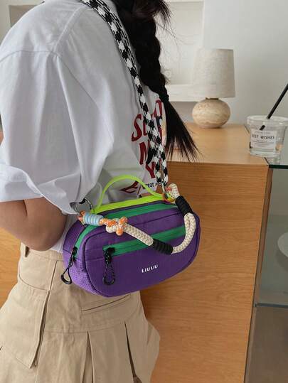 时尚休闲紫色迷你斜挎包，小巧手机袋，旅行包，撞色手提包，女士