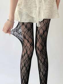 1双女士花卉网纱连裤袜，春夏蕾丝镂空网纱黑色长筒袜，菱形条纹JK透气网纱，修身性感紧身袜 - 彩色 - 查看 9