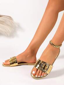 女士纯色平底凉鞋，优雅度假鞋，休闲沙滩平底拖鞋，时尚搭扣易穿鞋，百搭日常沙滩凉鞋 - 金色 - 查看 6