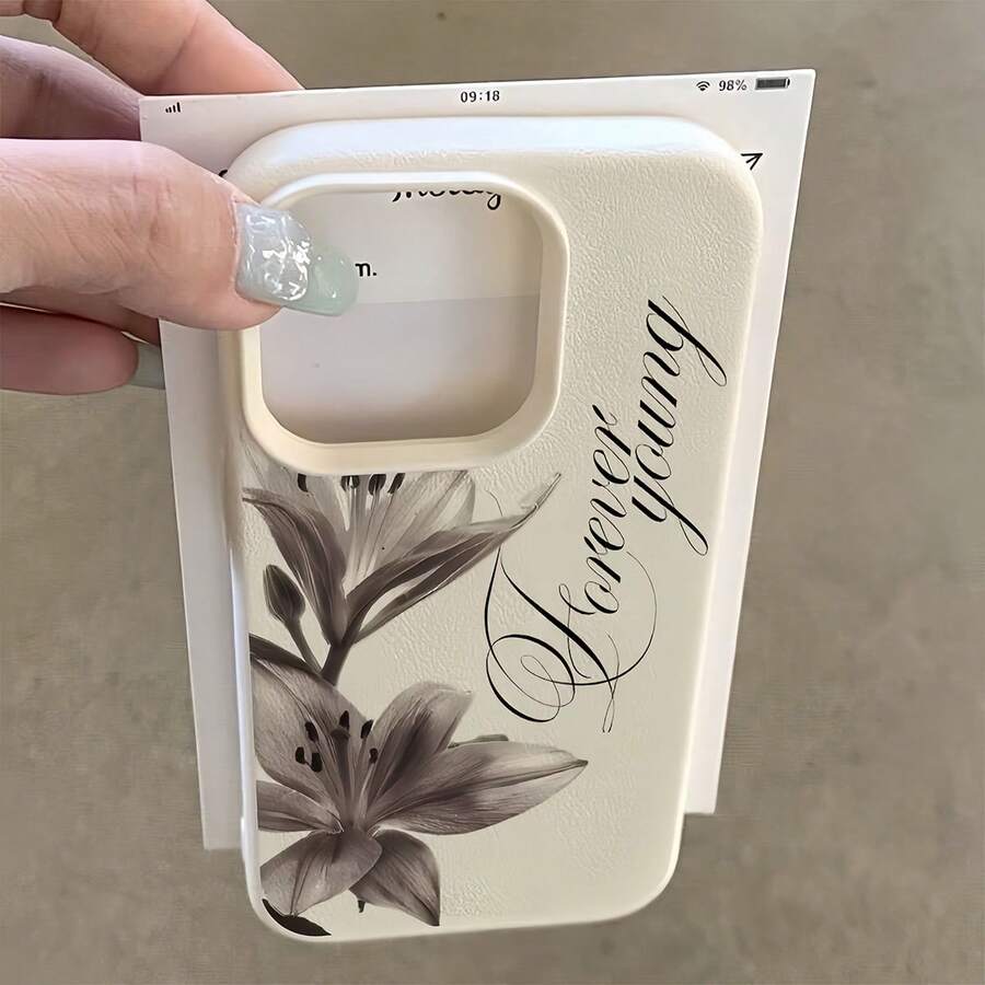 Flower 1pc White Litchi Texture Matte Lens Protection Phone Case With Black Floral Pattern, Compatible With Iphone 16 Pro Max, 17/16/15/14 Plus, 13/12/11, Air, Series,International Version, Not The Domestic Version - Multicolor - View 1