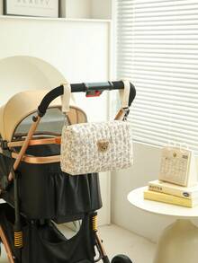 1pc Quilted Stroller Hanging Bag, Embroidered Bear Maternity Diaper Bag, Newborn Gift - Multicolor - View 3