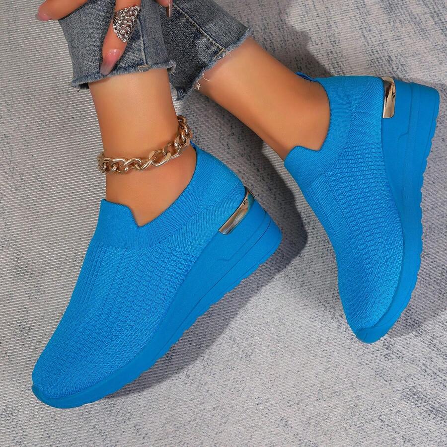 女士新款个性化厚底针织鞋，纯色轻便透气休闲运动鞋，欧美简约圆头弹力套脚防滑增高休闲步行旅行度假平底鞋，橙色，四季皆宜，坡跟步行鞋 - 藍色 - 查看 1