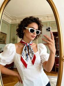 1Pc 70x70cm Square Silk Scarf For Women, Satin Printed Headscarf, Neckerchief, Headband, Fashion Shawl & Scarf - Red Edge Blue and White - View 4