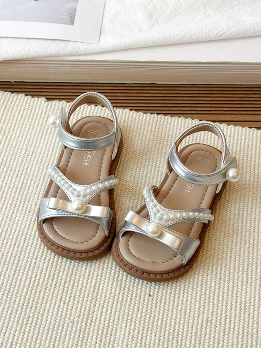 1 Pair Silver Cute & Fashionable Design With Massage Pad Soft Bottom Non-Slip Flat Sandals, Suitable For Toddlers, Spring/Summer/Autumn/Winter