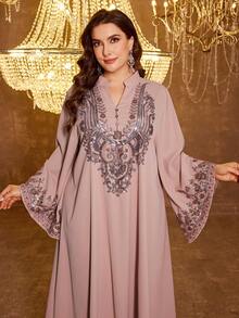 Đầm dạ hội thanh lịch bằng vải satin đính sequin dáng dài cổ tròn dành cho nữ cỡ lớn SUPGIR, màu hồng xuân. - Hồng - Xem 5
