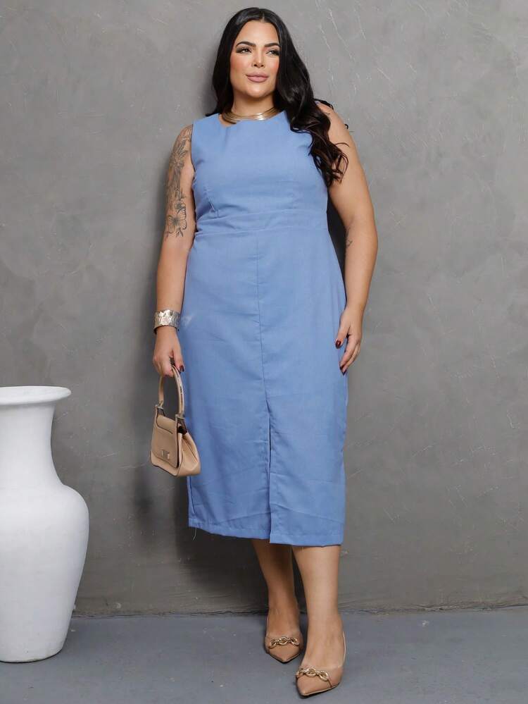 Plus Size Linen Midi Dress With Elegant Slit, Casual Style, Cutout Linen, Holiday, Wedding, Office, Travel - Serenity Blue - View 1