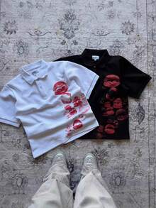 Y2K Lip Print Polo Shirt | Oversized Streetwear Casual Short Sleeve Top - 白色 - 查看 4