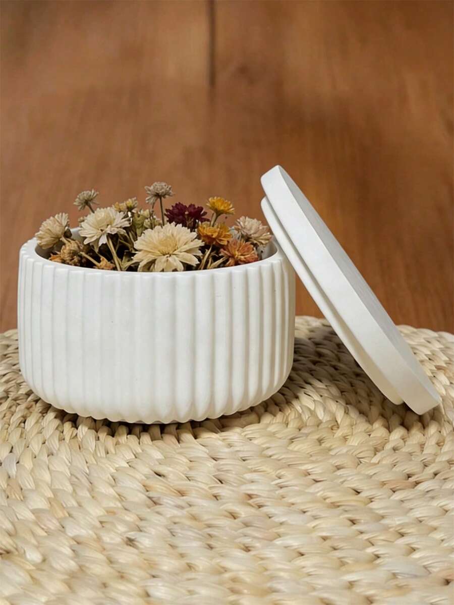 带盖 DIY 圆形条纹收纳盒硅胶模具，适用于手工制作花盆、花盆、石膏模具 - 白色 - 查看 1