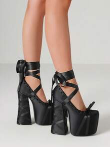 Women's Y2K Ballet Chunky High Heels Lolita Pumps Satin Mary Janes Platform Lace-Up Ribbons Wrap Bow Design Goth Sexy Cosplay Pumps Woman - 黑色 - 查看 4