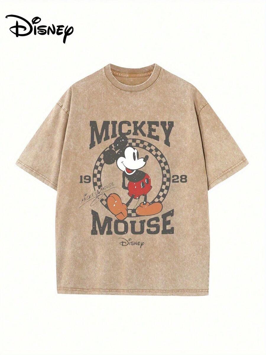 Disney Official Licensed Mickey Mouse 1928 Wash T-Shirt 230g Cotton Crew Neck Drop Shoulder Unisex Tee - Màu Khaki - Xem 1