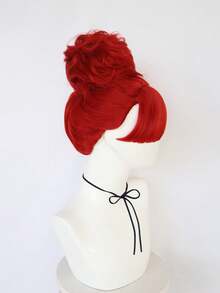 Peluca de princesa con moño rojo brillante y flequillo, pieza de cabello sintético resistente al calor para fiesta de princesa y cosplay - Rojo - Ver 6