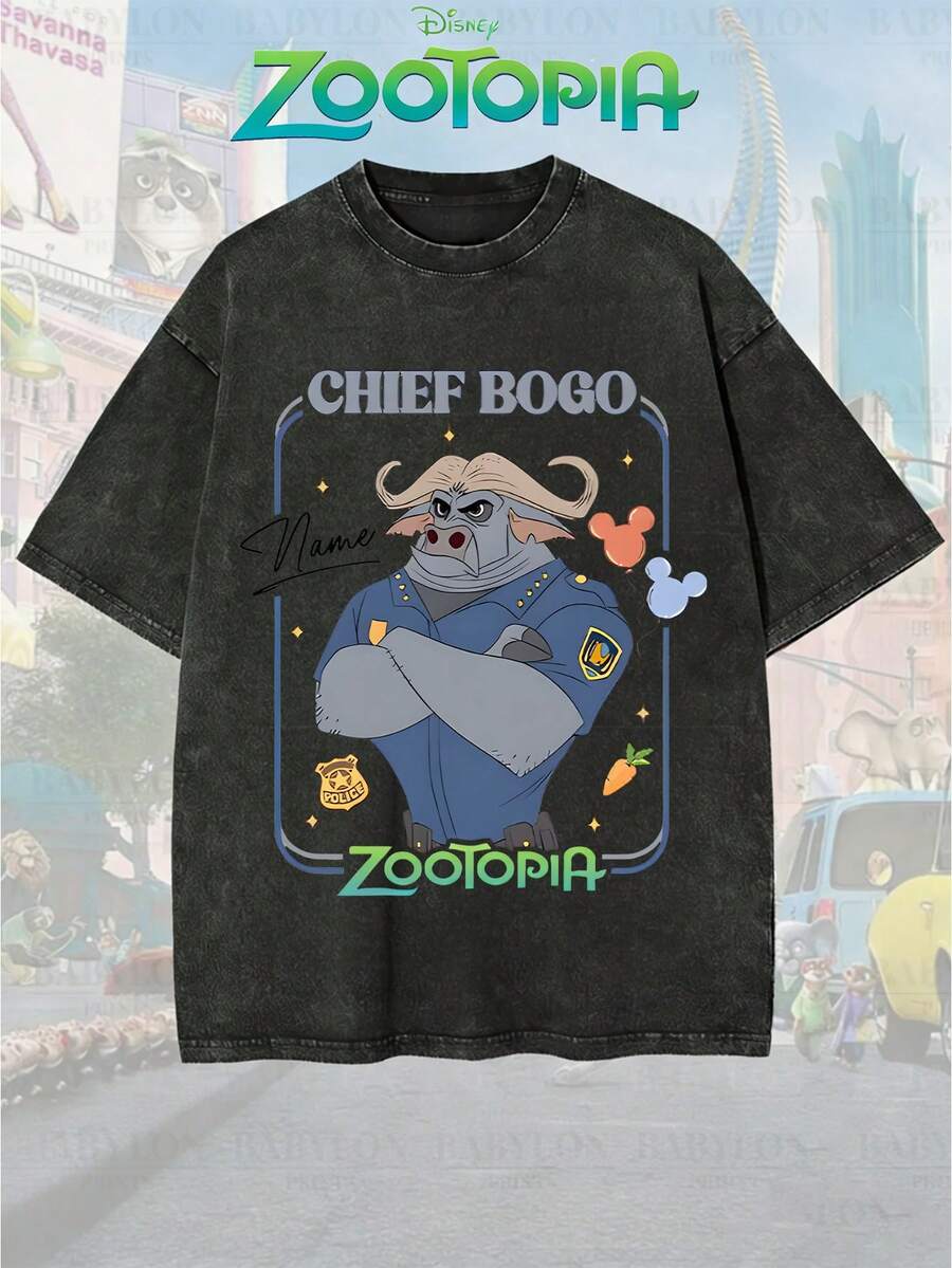 Disney Official Licensed Zootopia Chief Bogo Custom Name Print Vintage Wash 220g Cotton Crew Neck Unisex Tee - 黑色 - 查看 1