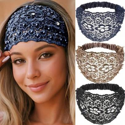 3pcs Women's Fashion Rhinestone Headbands, Sexy Lace Flower Hair Bands In 3 Colors, Suitable For Daily Wear, Casual Boho Accessories