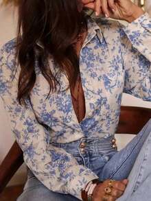 Women's Casual Vacation Style Floral Print Patchwork Pocket Long Sleeve Shirt, Spring/Autumn - 白色 - 查看 6