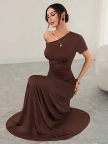 女士新款A字修身连衣裙 - 不对称领口，荷叶边下摆，显瘦优雅，完美适用于春秋季度假和休闲场合 - 棕色 - 查看 3