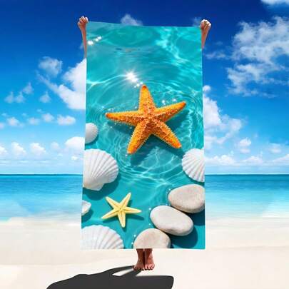 1 pieza Toalla de playa con estrella de mar y concha, manta de playa extra grande de microfibra súper suave, toalla de baño súper absorbente, adecuada para viajes, piscina, buceo, surf, yoga, camping, disponible en varios tamaños, accesorios de playa para playa, piscina, viajes, camping, yoga