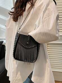 Bucket Bag, European And American Motorcycle Style Tassel Bag, Fashion Shoulder Crossbody Bag, Rivet Phone Bag - Black - View 4