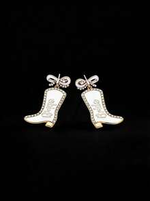 1 Pair Fashion Metal Enamel Bow Rhinestone Letter Cowboy Boot Earrings, Unique Western Style, Suitable For Valentine's Day & Wedding Season - Bowknot Diamond Letter Boot Earrings - View 1