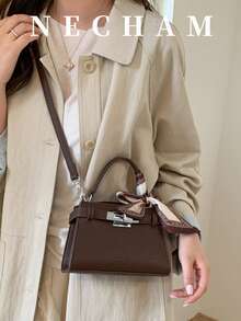 1pc Elegant Vintage Shoulder Bag With Scarf, High-Quality Embossed Leather Handbag - Coffee - View 7